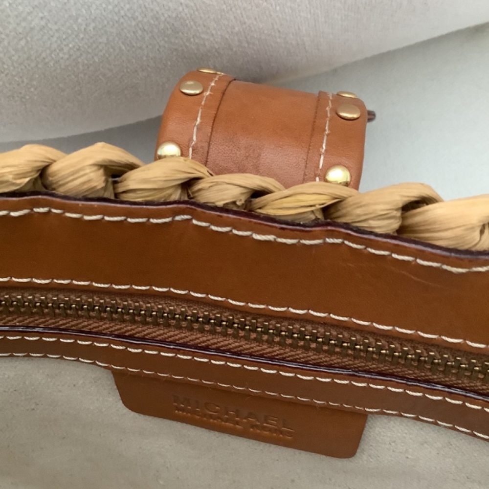 Woven Straw Tote Bag with Brown Leather Trim - Picture 2 of 3